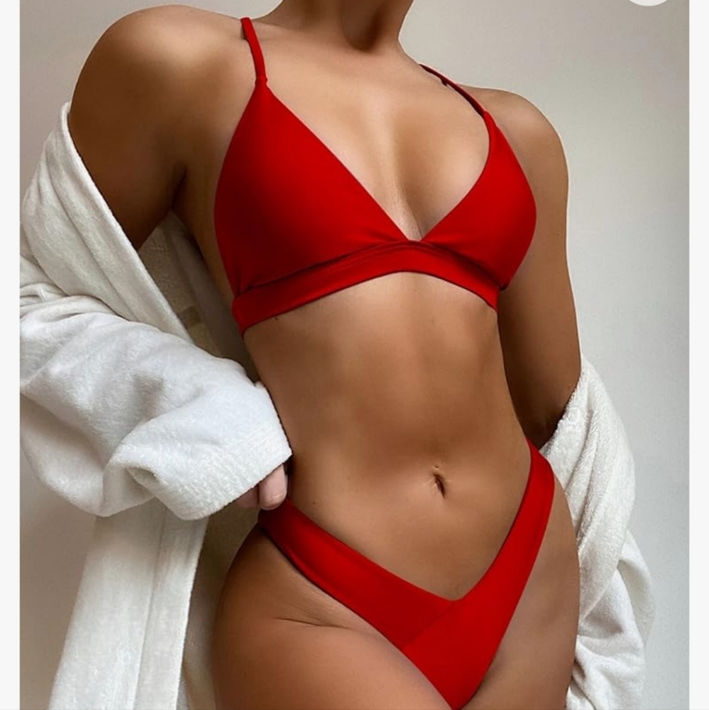 Women's 2PC Red Sexy Triangle High Cut Bikini Bathing Suit Size L - NWOT